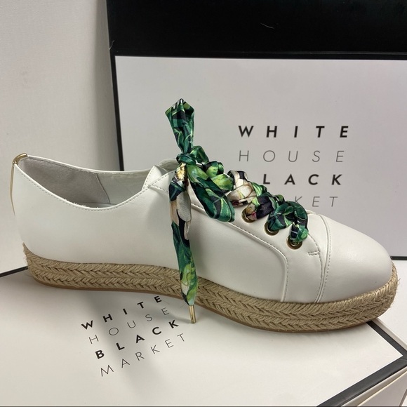 White House Black Market White Espadrille Sneakers with Green Tropical L… - Picture 13 of 14
